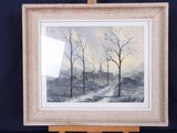 an oil painting of a snowy landscape with trees in the foreground