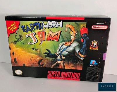 On voit ici la boîte du jeu Nintendo « Earthworm Jim ».