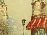 painting of a street scene with people walking on the sidewalk and a building in the background