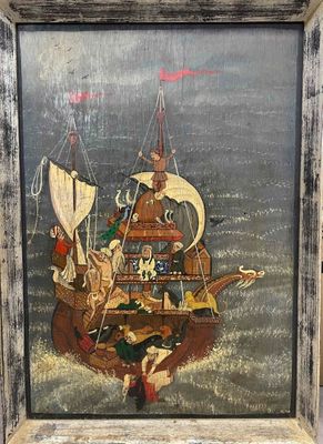 an old picture of a pirate ship in a wooden frame