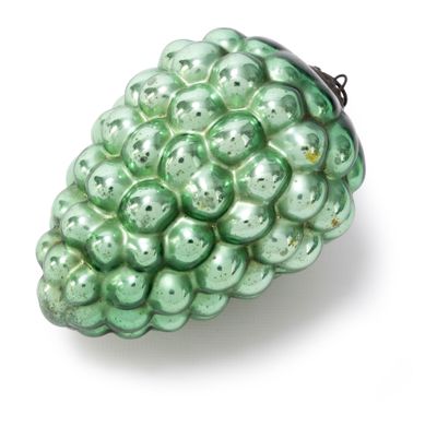green glass christmas ornament with a bunch of green berries on it