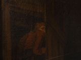 an oil painting of a woman sitting on a window sill holding a baby