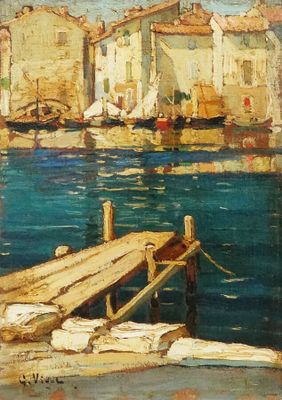 peinture de bateaux amarrés dans un port avec des bâtiments en arrière-plan