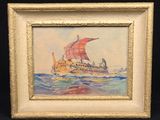tableau représentant un bateau à voile rouge, dans un cadre doré