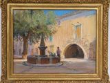 une peinture à l'huile représentant une fontaine devant un bâtiment
