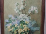 painting of flowers in a vase on a table in front of a wall