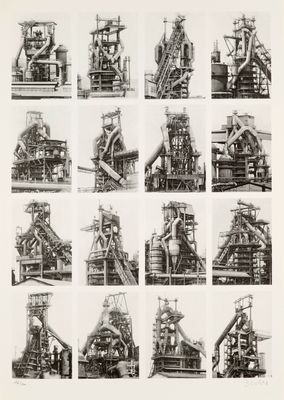 black and white photograph of a series of photographs of a factory