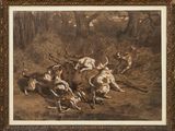 painting of a group of hunting dogs in a wooded area