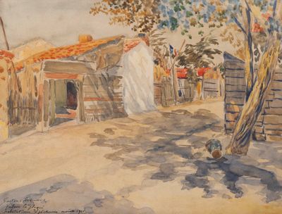 a watercolor painting of a house and a tree