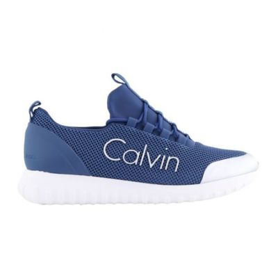a picture of a blue and white tennis shoe with the word calvin written on it