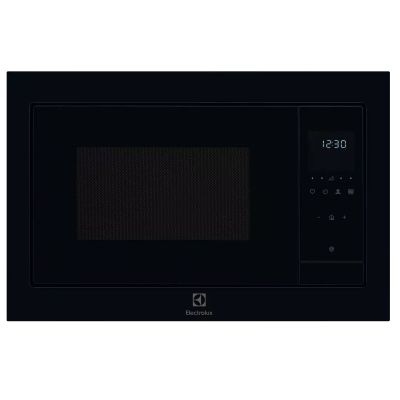 the microwave is black and has a timer on the front of it