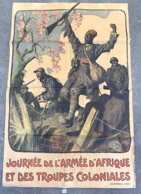 french poster of a man holding a rifle in front of a group of soldiers