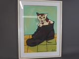 tableau représentant un chat assis dans une chaussure sur un sol carrelé