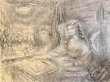 drawing of a woman sitting at a table with a book in front of her