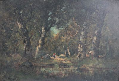 a picture of a painting of a man and a dog in the woods