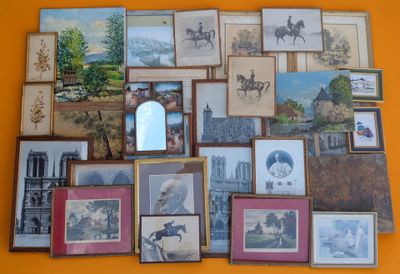 many framed pictures of horses and people on the wall