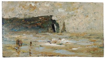 an image of a painting of people on a beach near a cliff