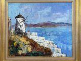 an oil painting of a windmill on a cliff overlooking the ocean