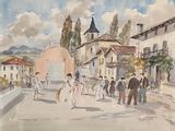 a painting of a group of people walking down the street
