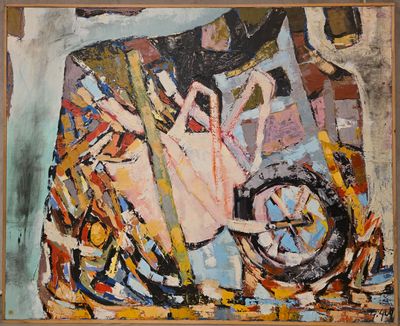 un tableau représentant une femme à moto dans une pièce