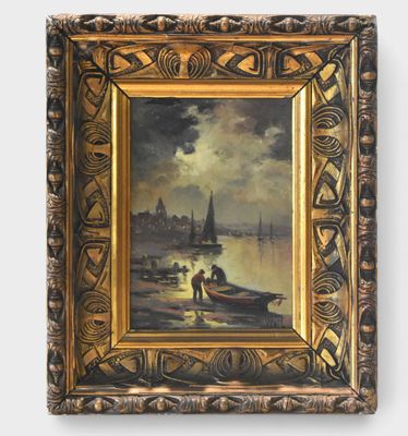 an oil painting of a boat on a body of water with a city in the background