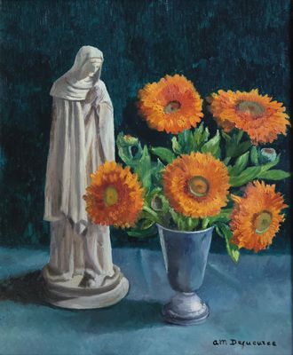 une peinture représentant une statue à côté d'un vase rempli de tournesols