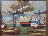 une peinture de bateaux dans l'eau sur la plage