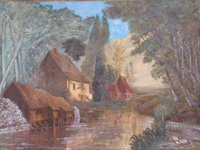 Ecole du XXème siècle. "Moulin et paysage", huile sur toile …