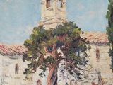 an oil painting of a church with a tree in front of it