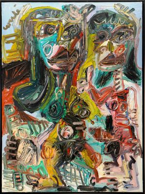 an abstract painting of a group of people in different colors