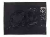 black and white drawing of a bull with chinese writing on it