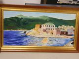 a picture of a painting of a small town by the water