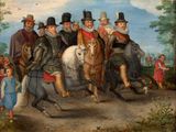 a painting of a group of people riding on horses