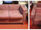 two pictures of a couch and a chair in the same room