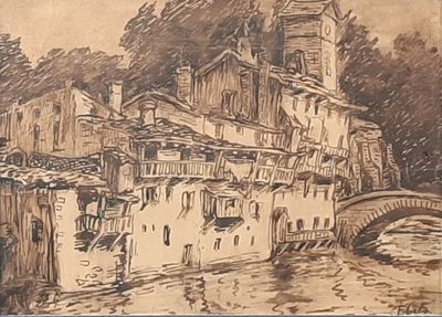 dessin représentant un village avec un pont et un clocher d'église