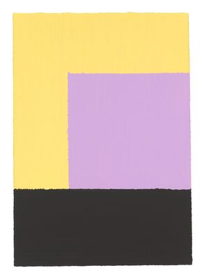 an abstract painting of yellow, purple and black squares on a white background