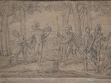 dessin représentant un groupe d'hommes armés de lances dans une zone boisée