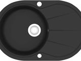 a close up of a black kitchen sink on a white background