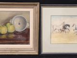 two framed paintings of fruit and a bowl on a table