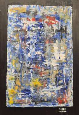 un tableau représentant un tableau bleu et blanc, peint avec de la peinture rouge, jaune et bleue