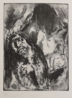 an image of a black and white drawing of a man with a knife