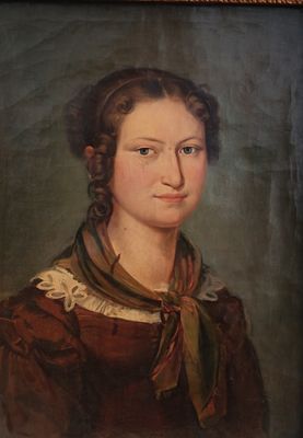 portrait of a woman in a brown dress with a green scarf