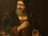 un tableau représentant un vieil homme tenant une bouteille de vin