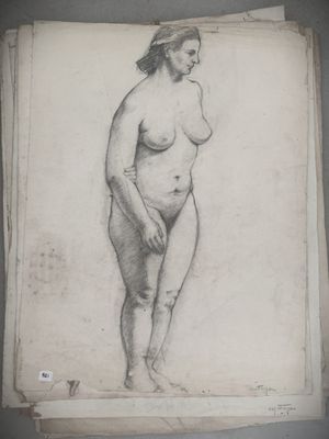 an old drawing of a woman standing in front of a wall