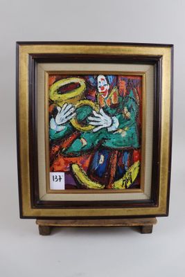 painting of a clown holding a snake in a frame on a white background