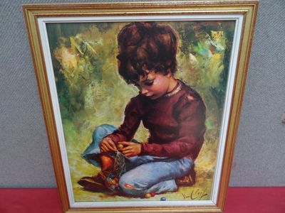 painting of a young boy sitting on the ground holding a toy