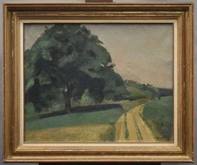 an image of a painting of a dirt road in a field