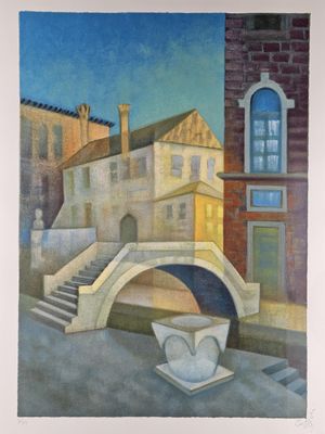une peinture représentant un bâtiment et une tasse posée sur une table