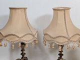 pair of antique brass table lamps with beaded lampshads