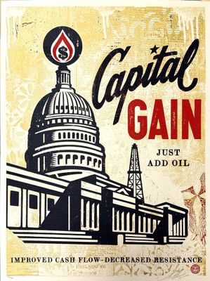 an image of a sign advertising capital gain in front of a capitol building
